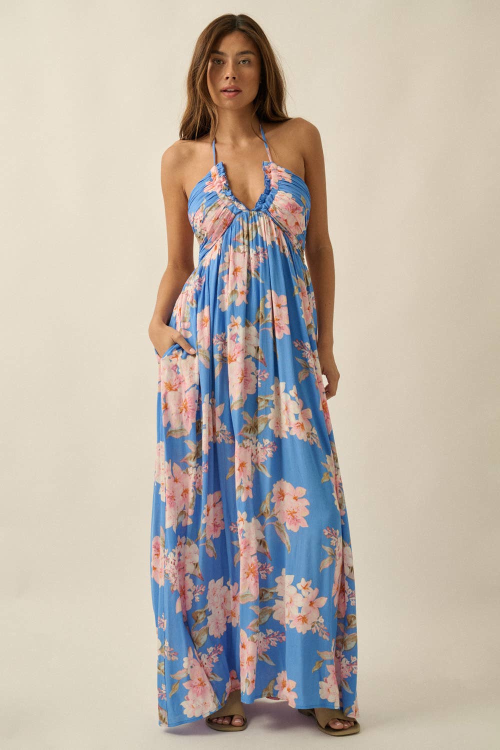 floral print halter maxi dress Blooming Season Floral Crepe Halter Maxi Dress Cream & Blue / S