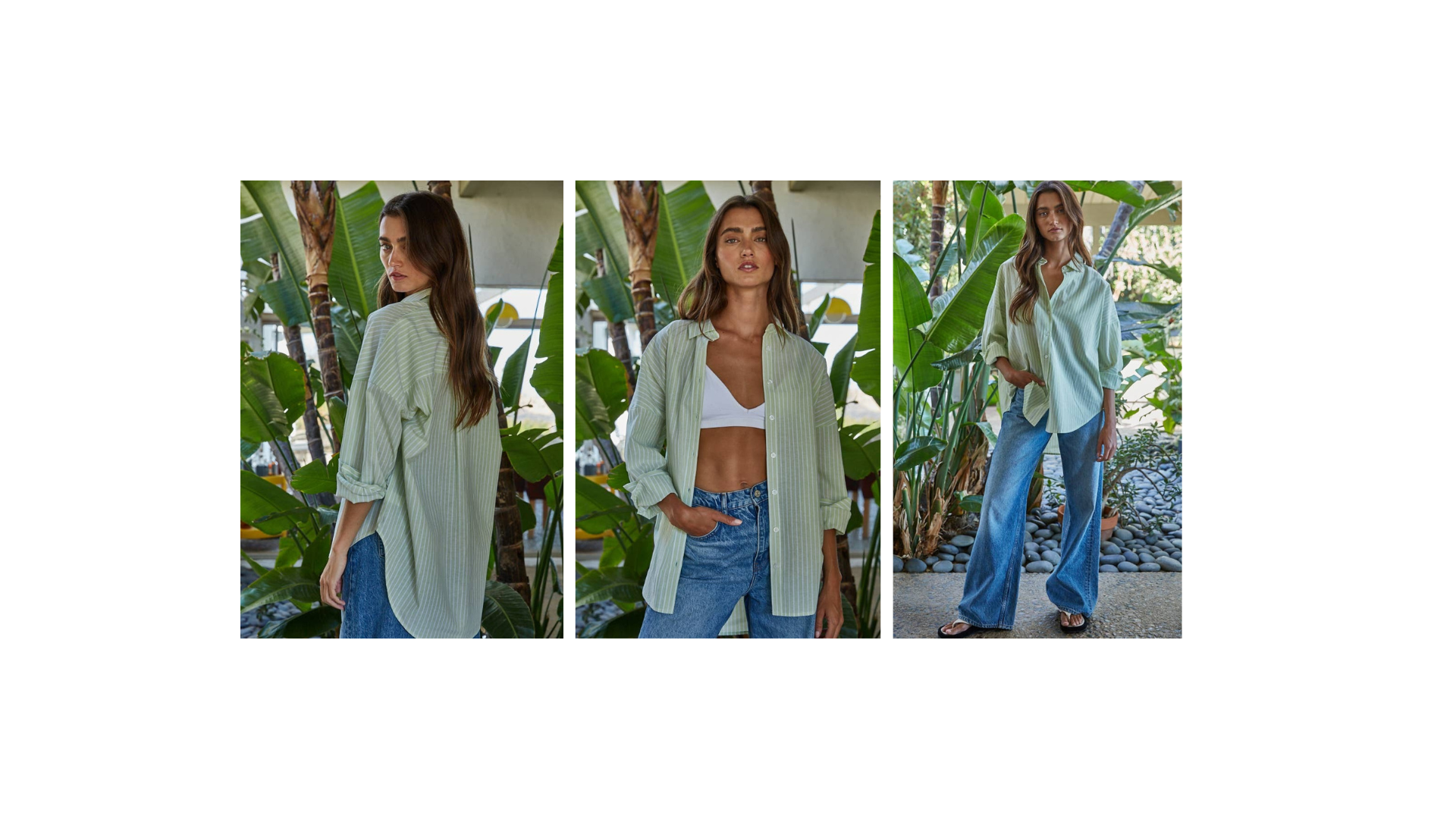Images of woman wearing a striped light green button down shirt 