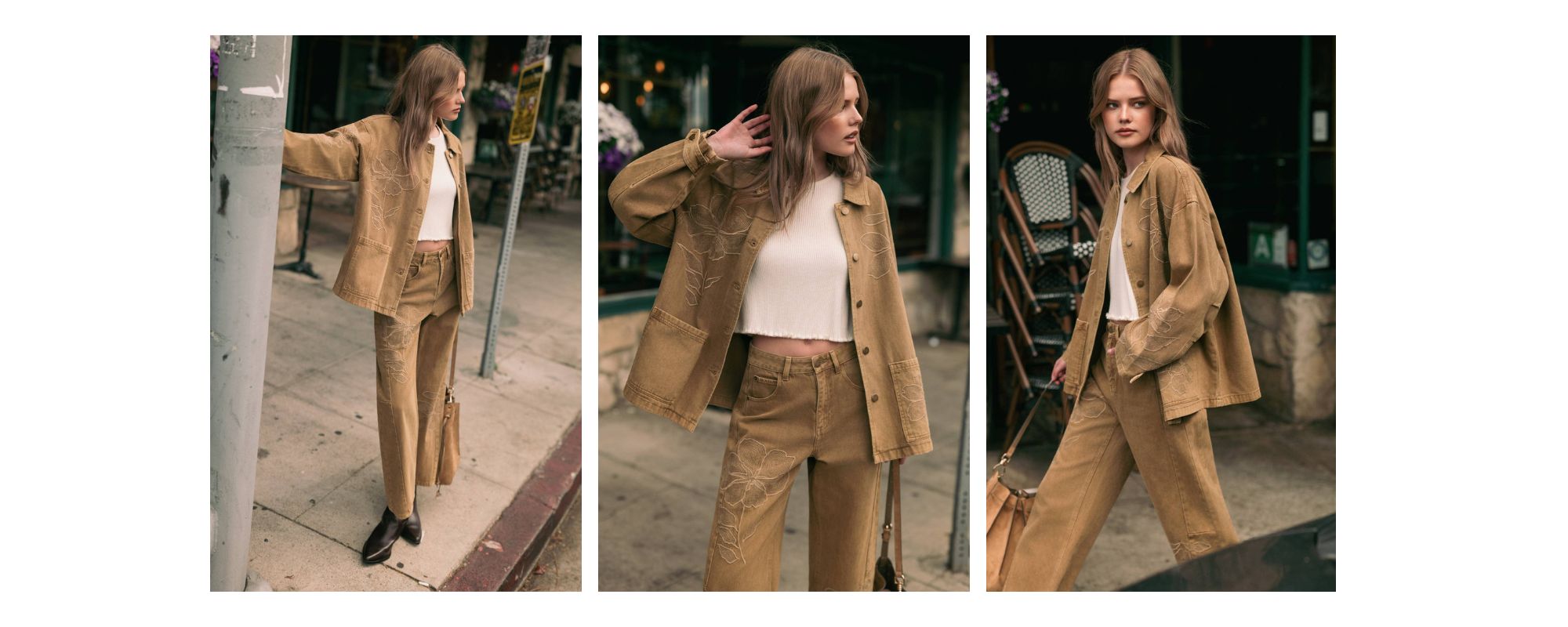 Images of woman wearing a striped light green button down shirt 