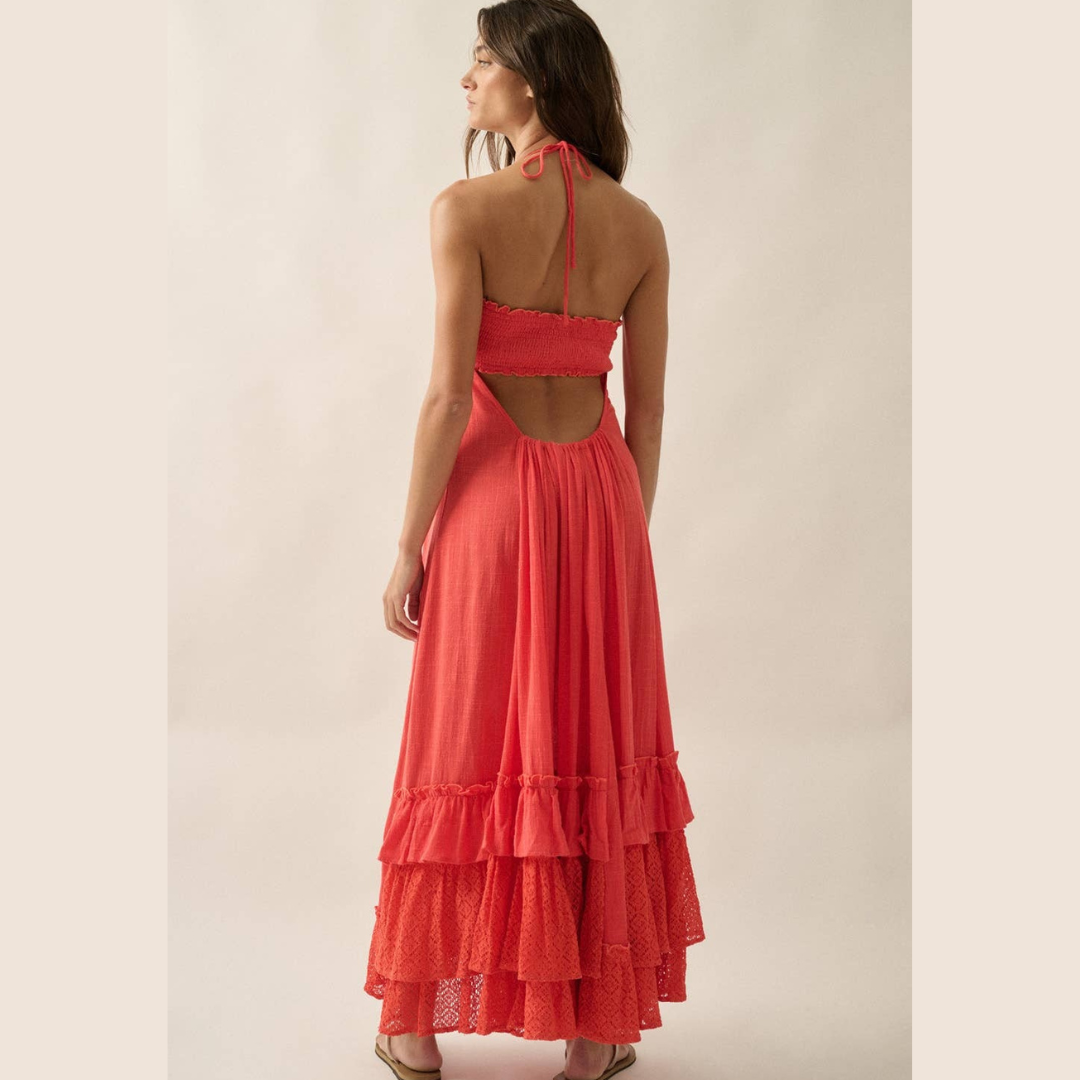 lace panel layered ruffle halter dress Fleur Mini layered ruffle hemline brings movement and a graceful finish to every step Sherri Hill Lace Panel Layered