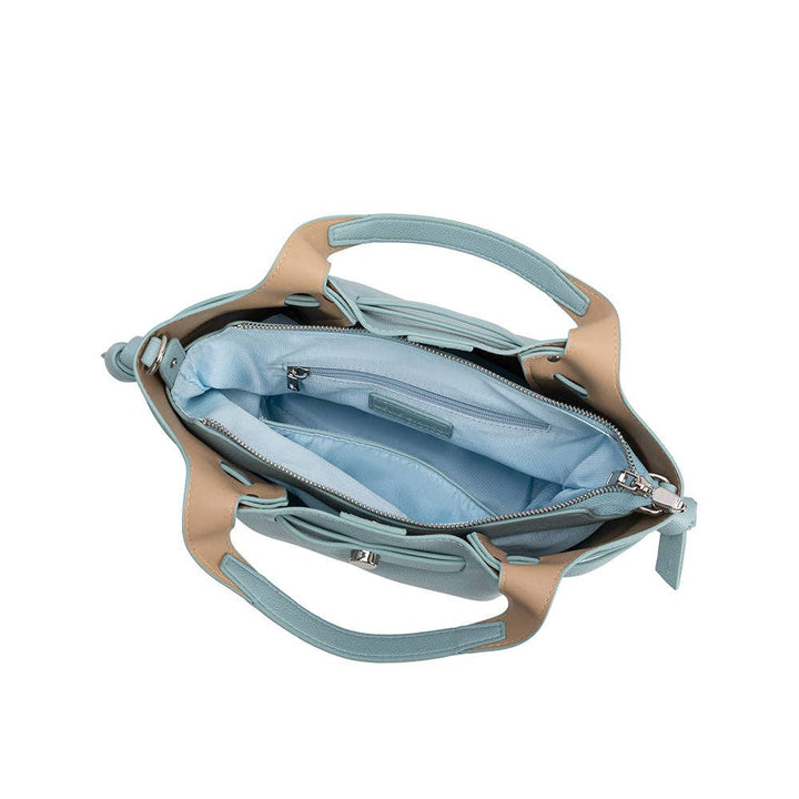 Light blue handbag with a beige interior and zipper pouch