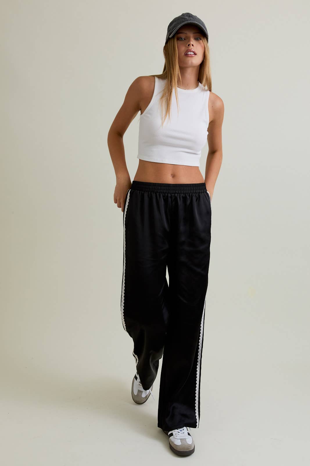 Satin Track Pants with Scalloped Detail