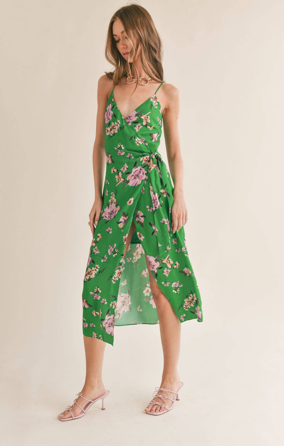 green printed midi wrap dress Yumi Green Floral Wrap Midi Dress With Frill Hem