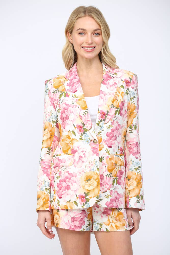 Floral Print Linen Blend Blazer