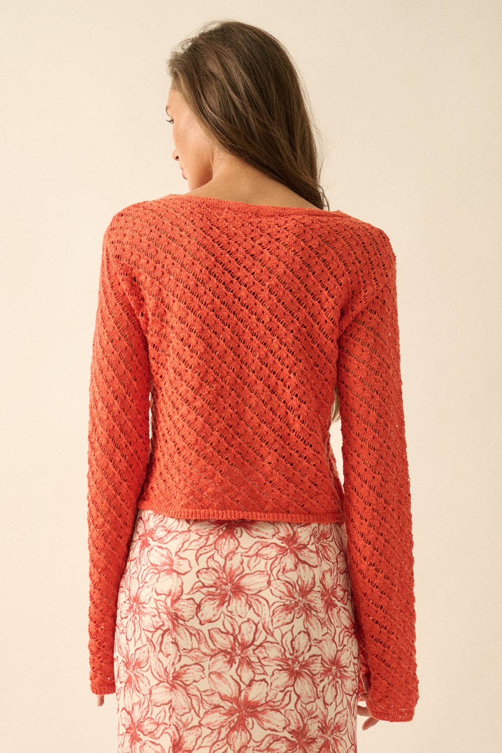 Cropped Crochet Bell Sleeve Sweater