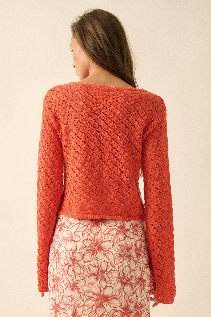 Cropped Crochet Bell Sleeve Sweater