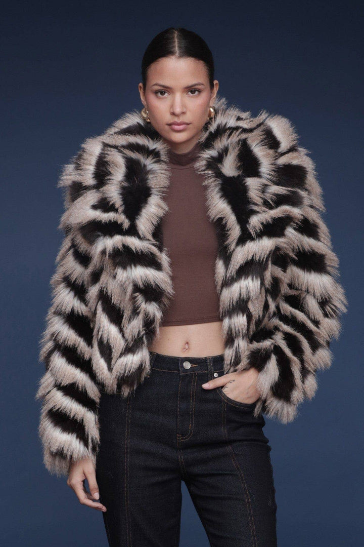 Chevron Faux Fur Cropped Coat