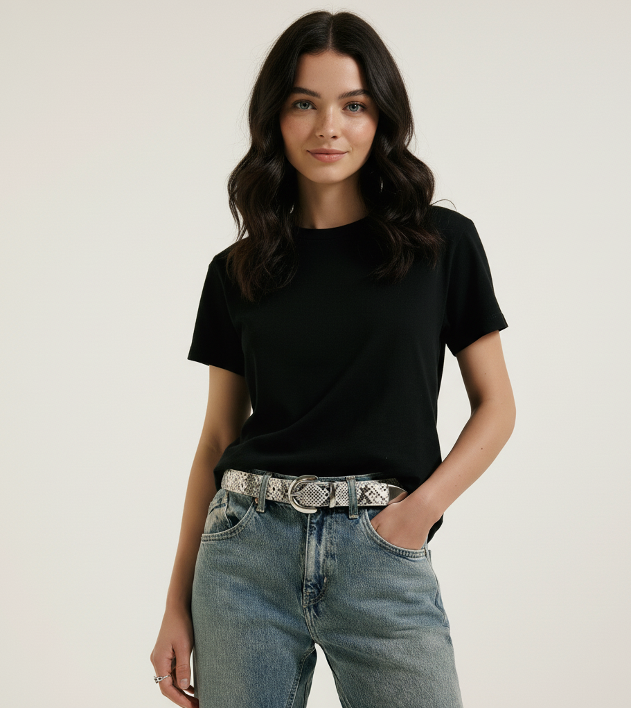 Woman wearing a black t-shirt and blue jeans with a patterned belt on a plain background