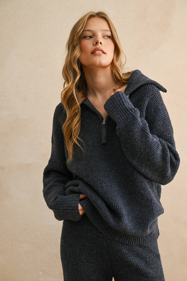 Waffle Pattern Half Zip Sweater