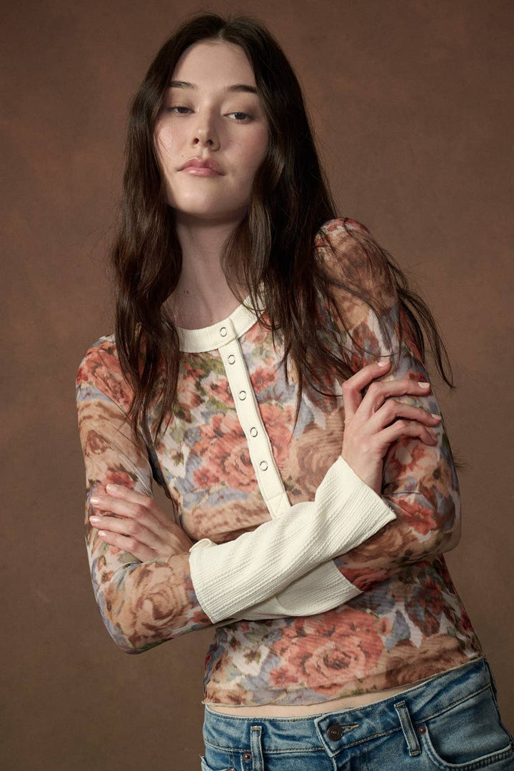 Floral Mesh Raglan Sleeve Henley