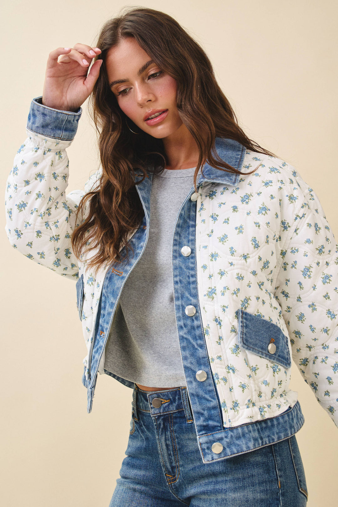 Floral Quilted Denim Trim Jacket