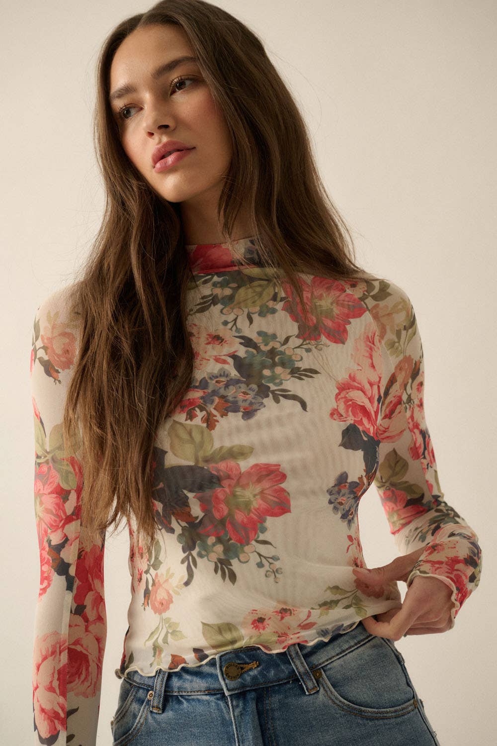 Floral-Print Mesh Mock-Neck Top