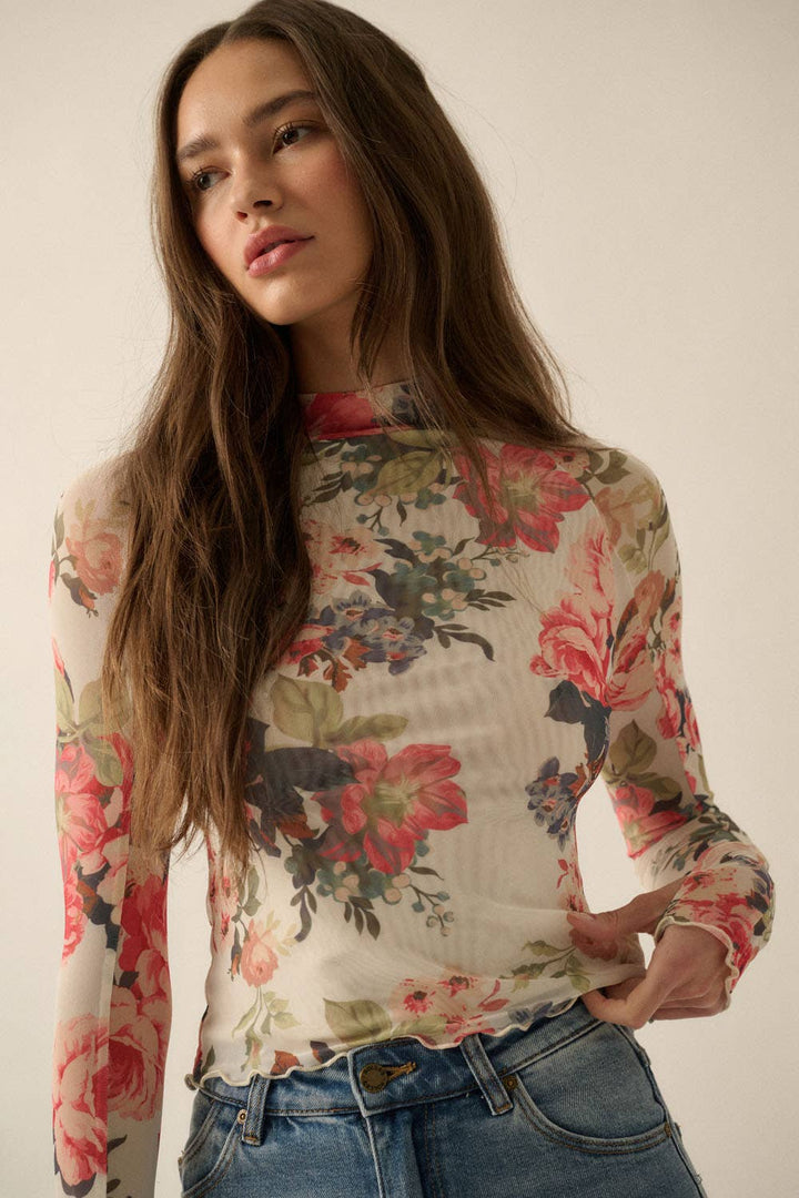 Floral-Print Mesh Mock-Neck Top