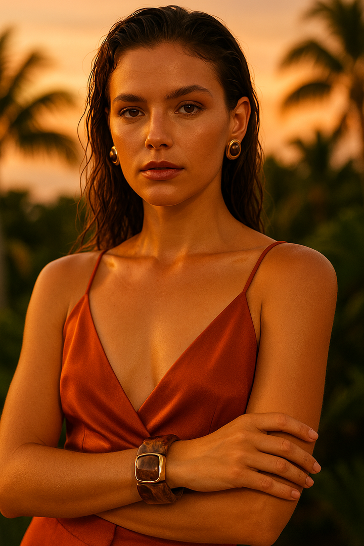 Woman in a red dress wearing a brown chunky bangle bracelet with a blurred natural background