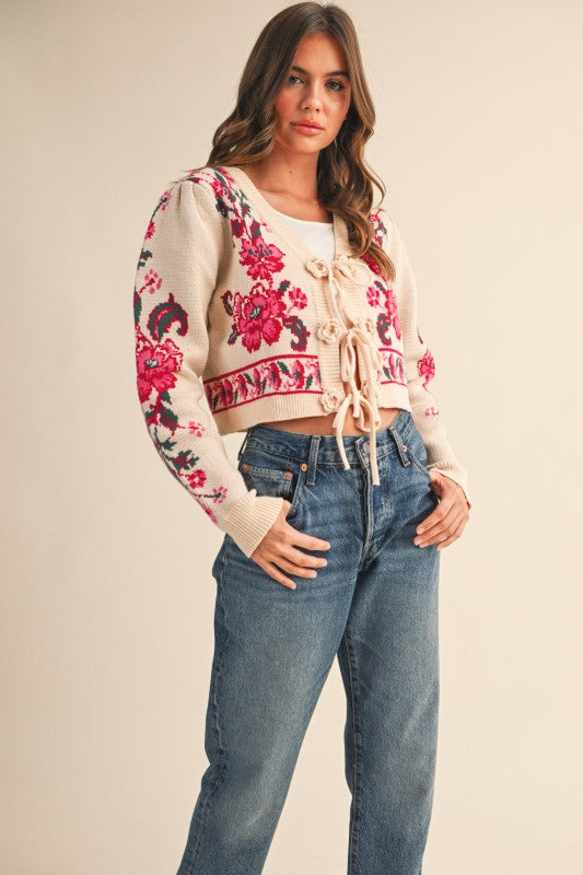 Floral Tie-front Cropped Cardigan
