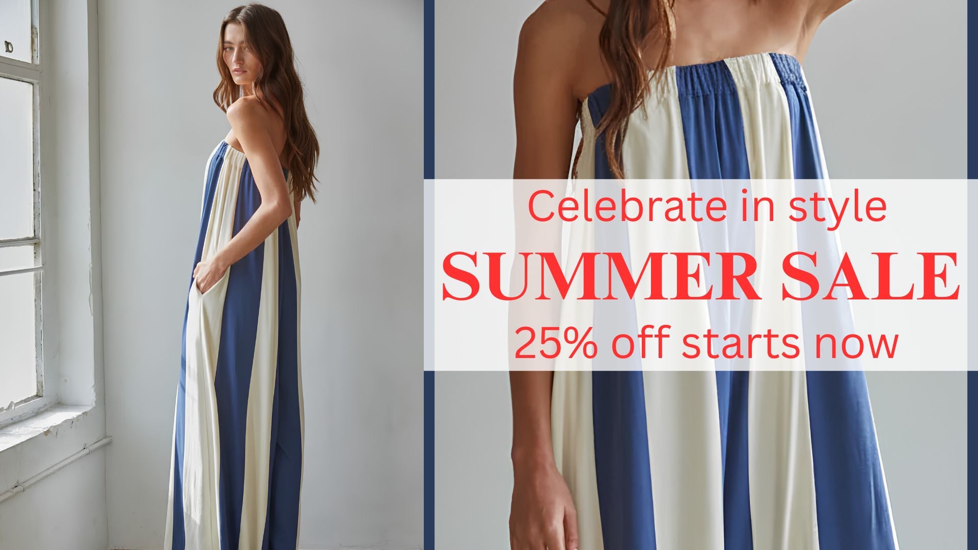 Woman wearing a blue and white striped jumpsuit with a summer sale banner overlay.