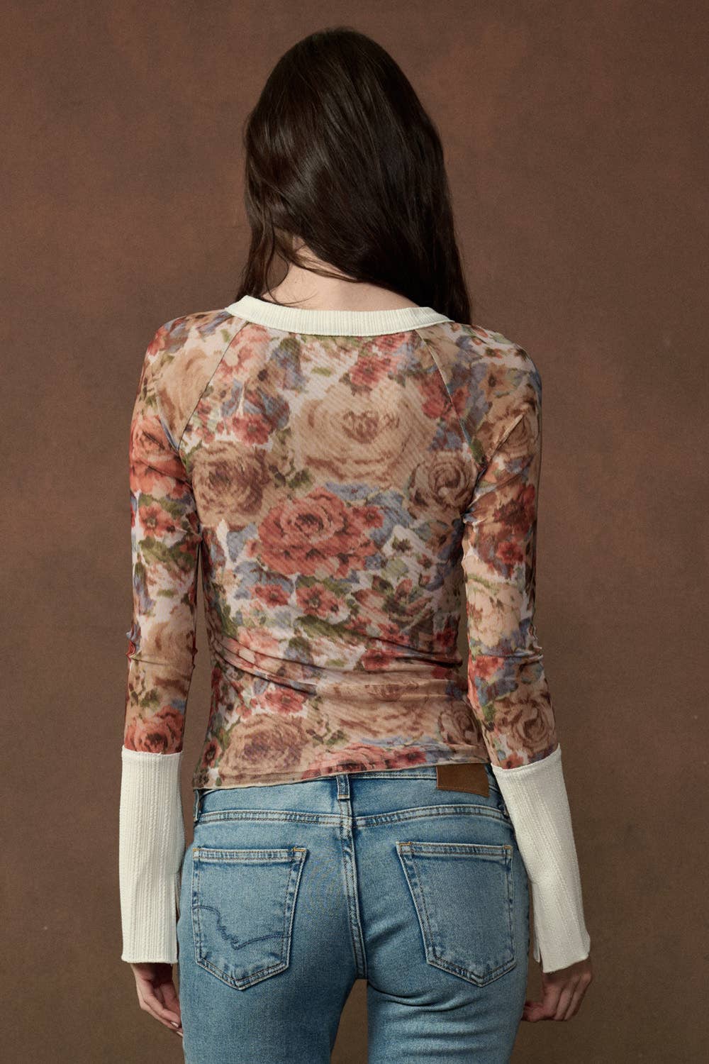 Floral Mesh Raglan Sleeve Henley