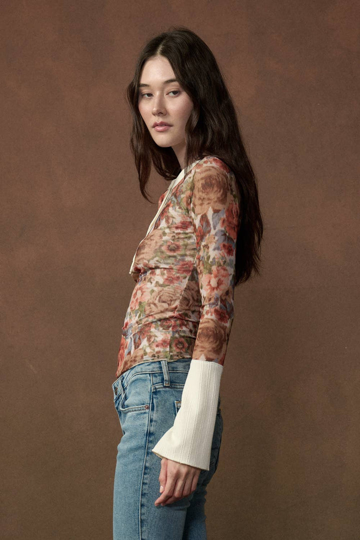 Floral Mesh Raglan Sleeve Henley