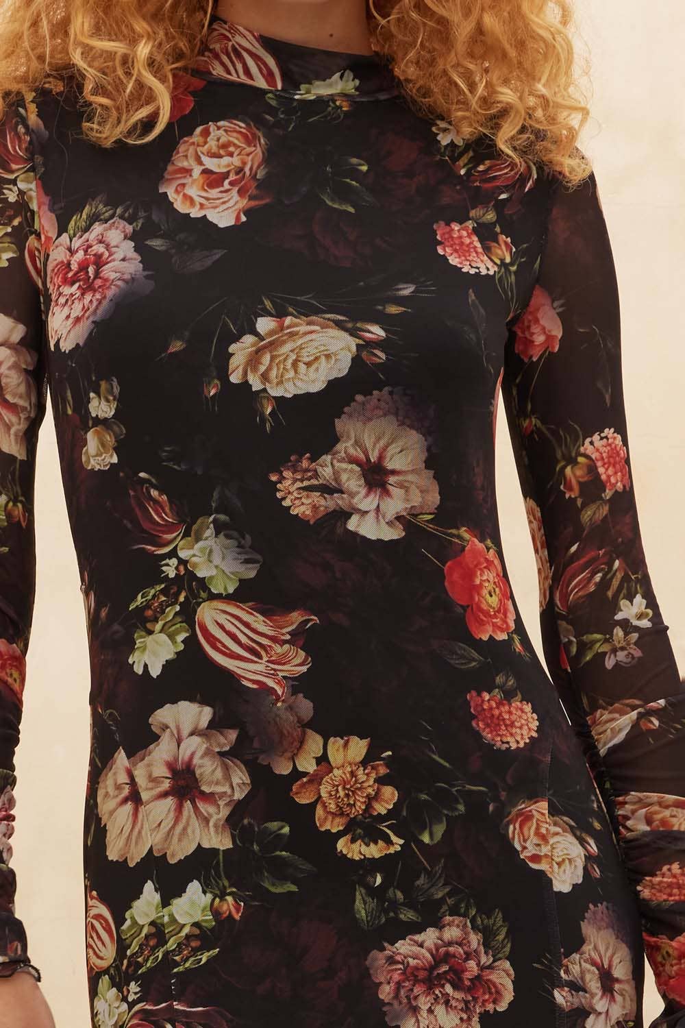 Floral Mesh Mock-Neck Maxi Dress