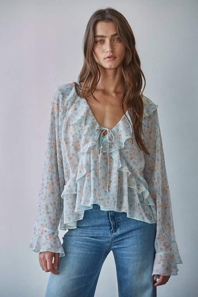 Floral Print Raglan Ruffle Top
