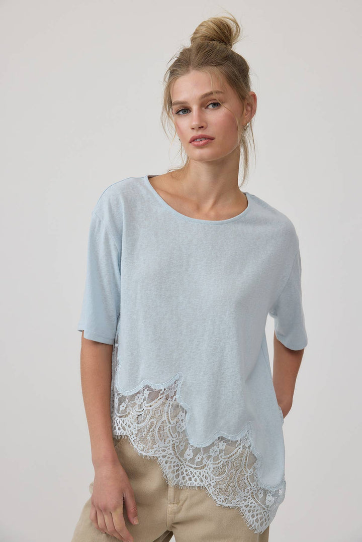 Woman wearing a light blue top with lace details on a plain background