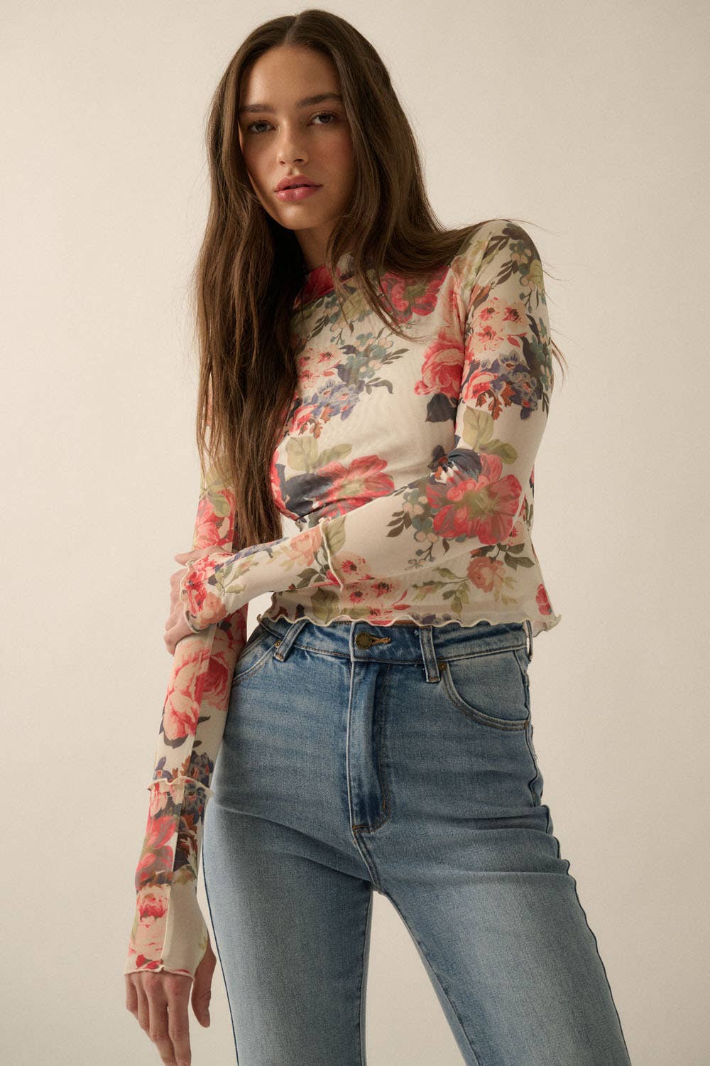 Floral-Print Mesh Mock-Neck Top
