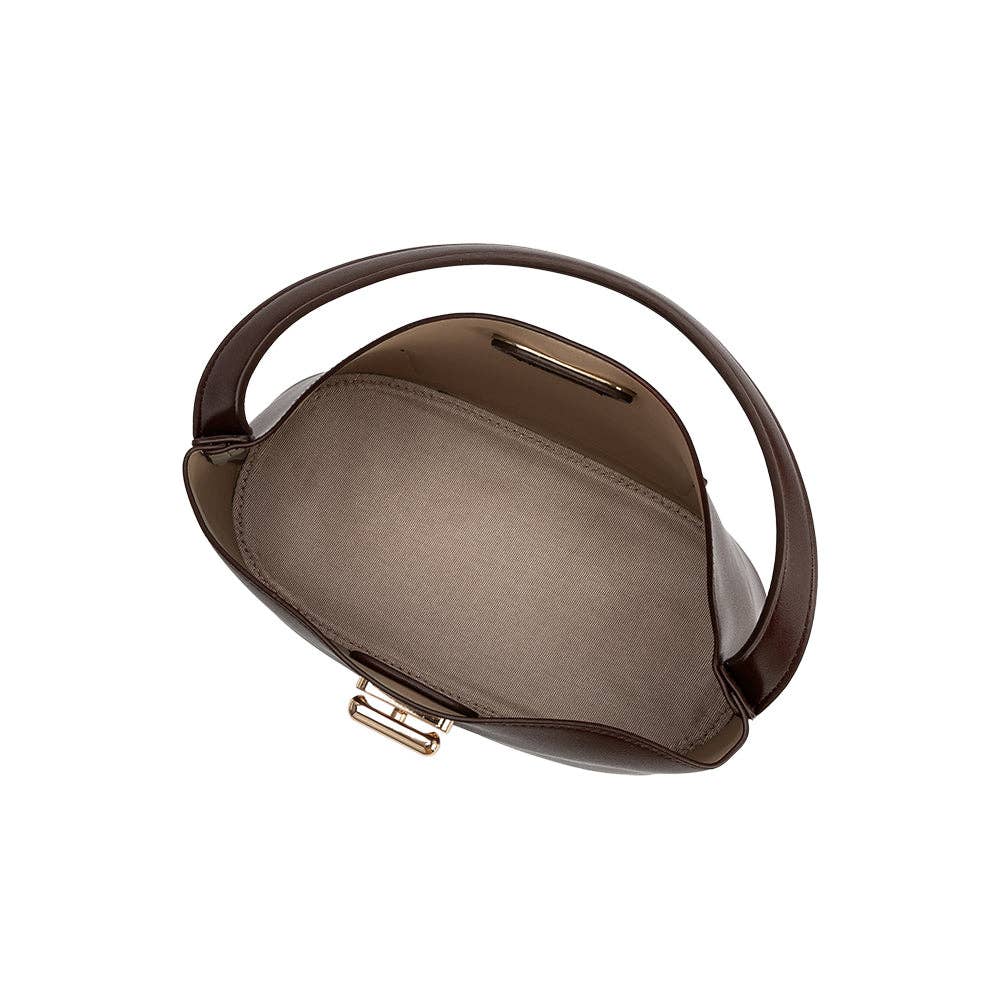 A dark brown leather handbag with a curved top handle, shown from an overhead angle. The bag features a smooth taupe-brown interior lining and small gold-tone metal hardware, including a clasp and a small accent piece near the top edge, set against a plain white background.