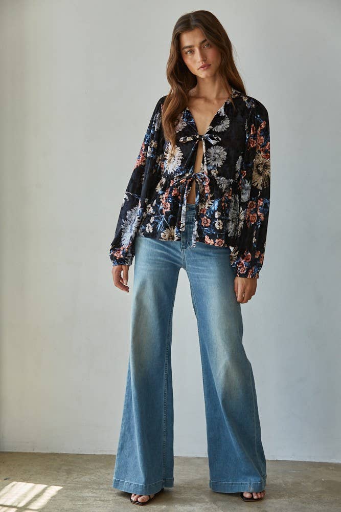 Velvet Floral Print Blouse