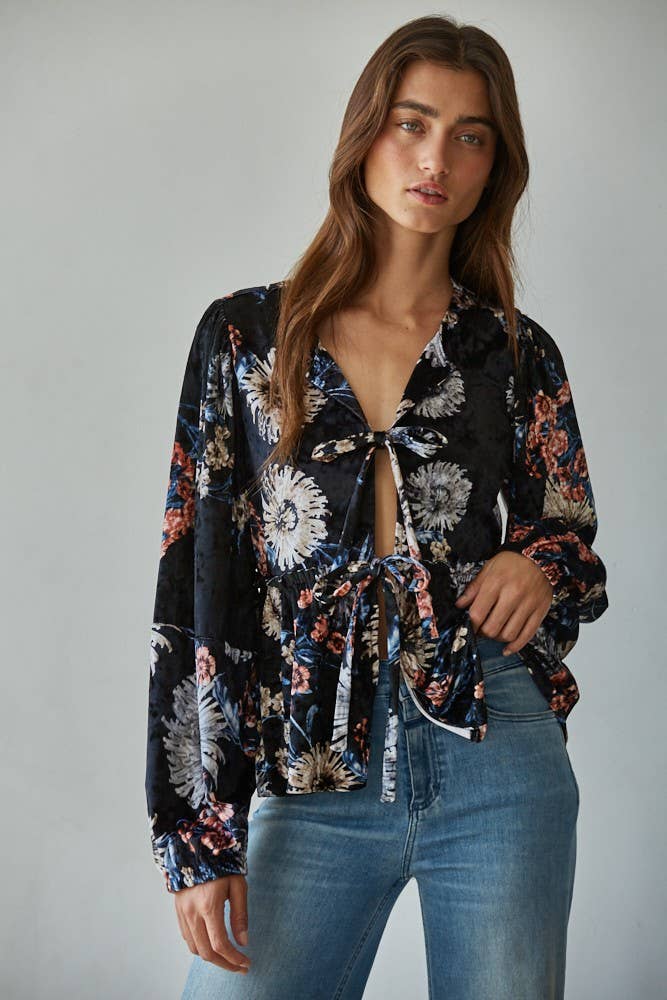 Velvet Floral Print Blouse