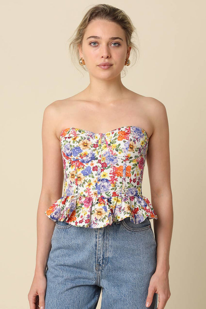 Maribel Floral Peplum Strapless Top