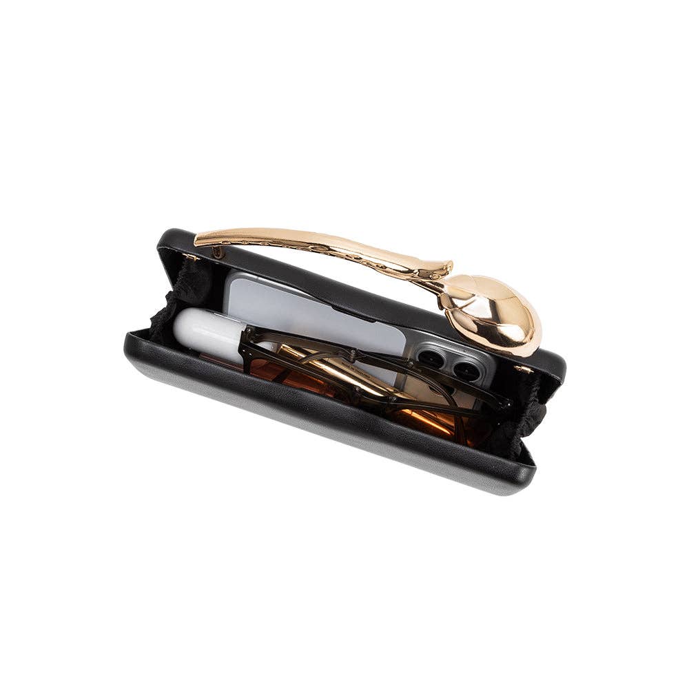 Black faux leather square clutch with gold handle 