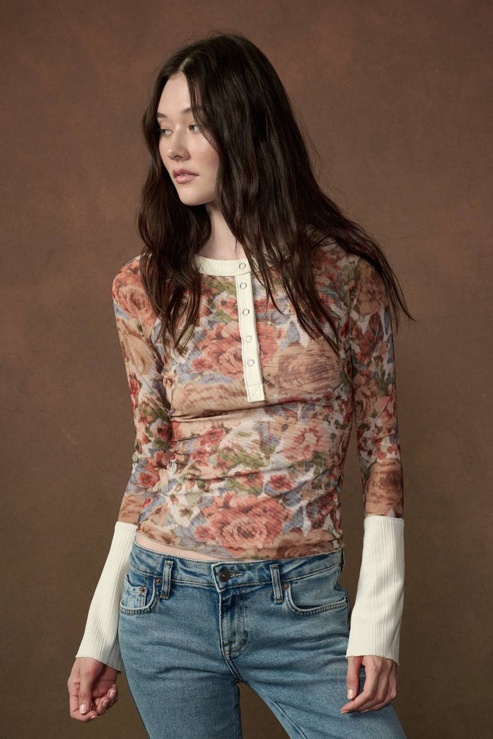 Floral Mesh Raglan Sleeve Henley