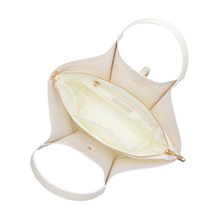 Ivory colored vegan leather handbag with gold zipper on a white background