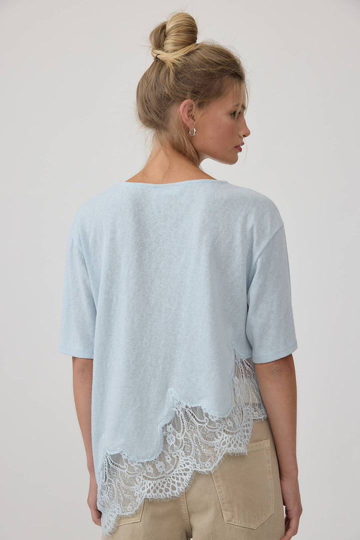 Woman wearing a light blue knit top with lace trim on a plain background