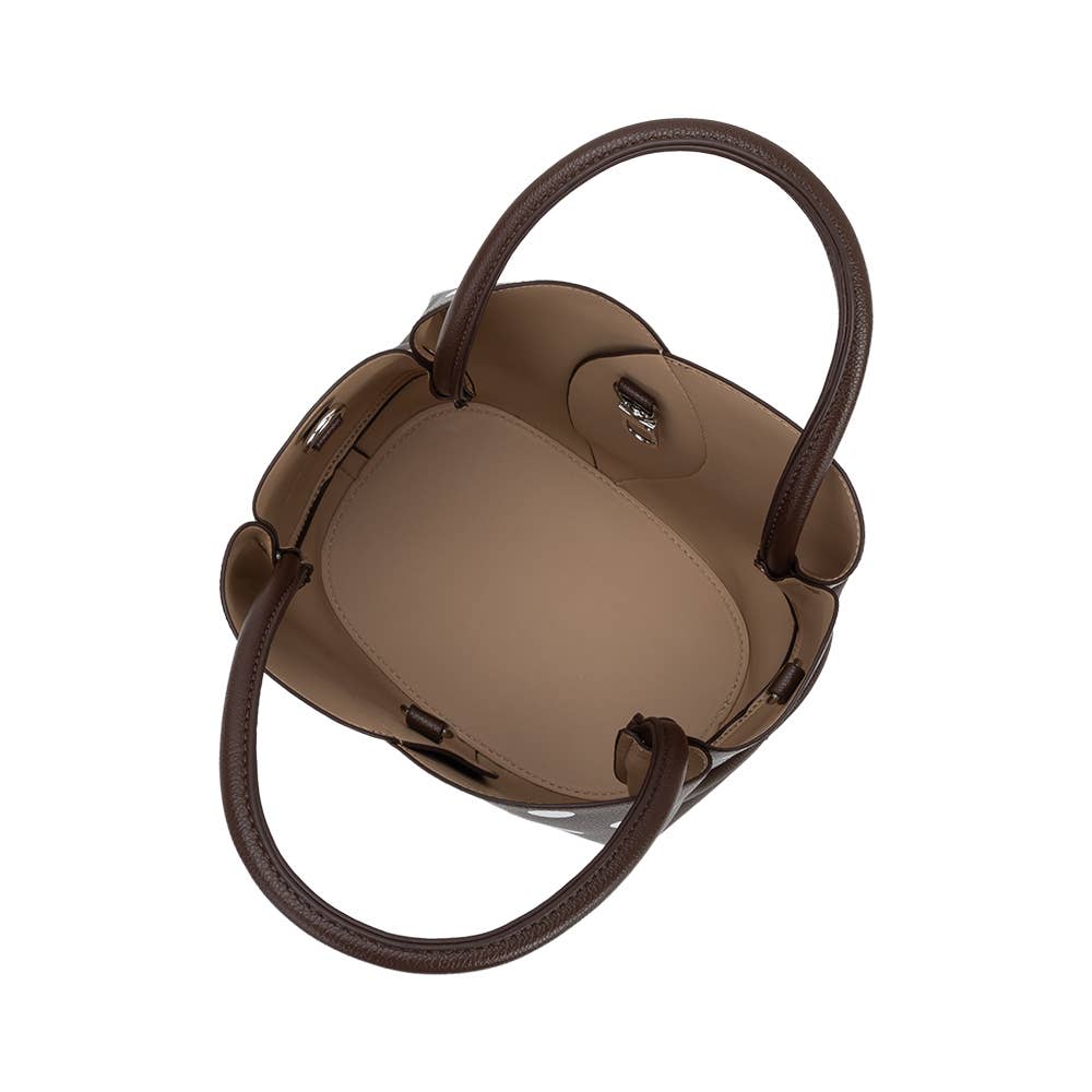 A top-down view of a structured brown leather handbag with dark brown handles and a matching brown interior, shown on a plain white background.
