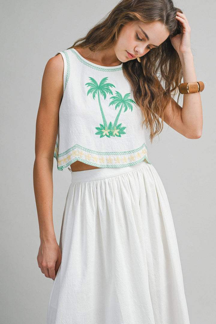 Palm Tree Embroidered Crop Top