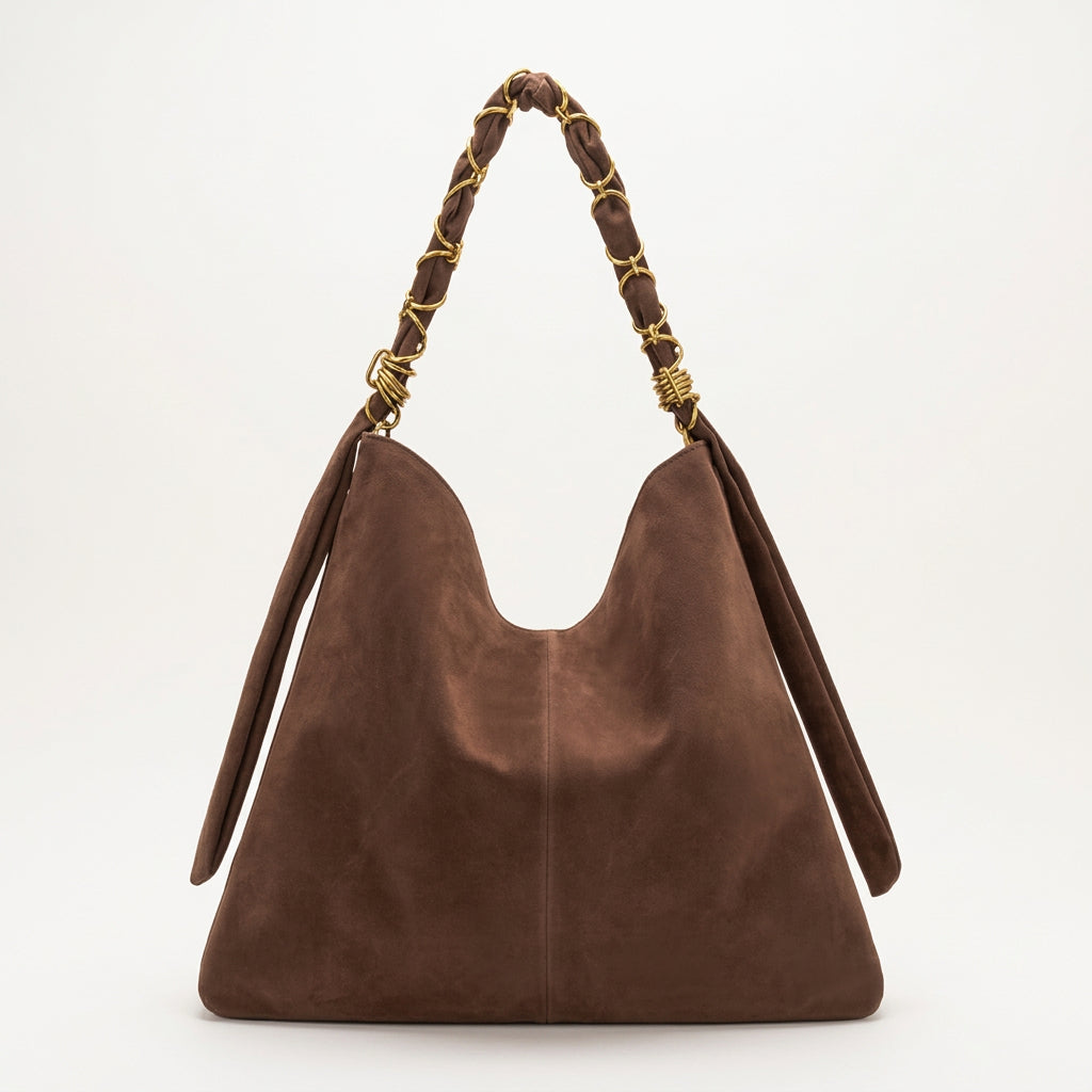 A brown faux suede hobo shoulder bag with a braided brown leather and gold-tone chain strap, shown against a plain white background.
