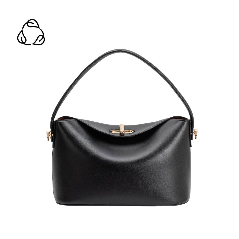 Black recycled vegan leather handbag with gold accents on a white background