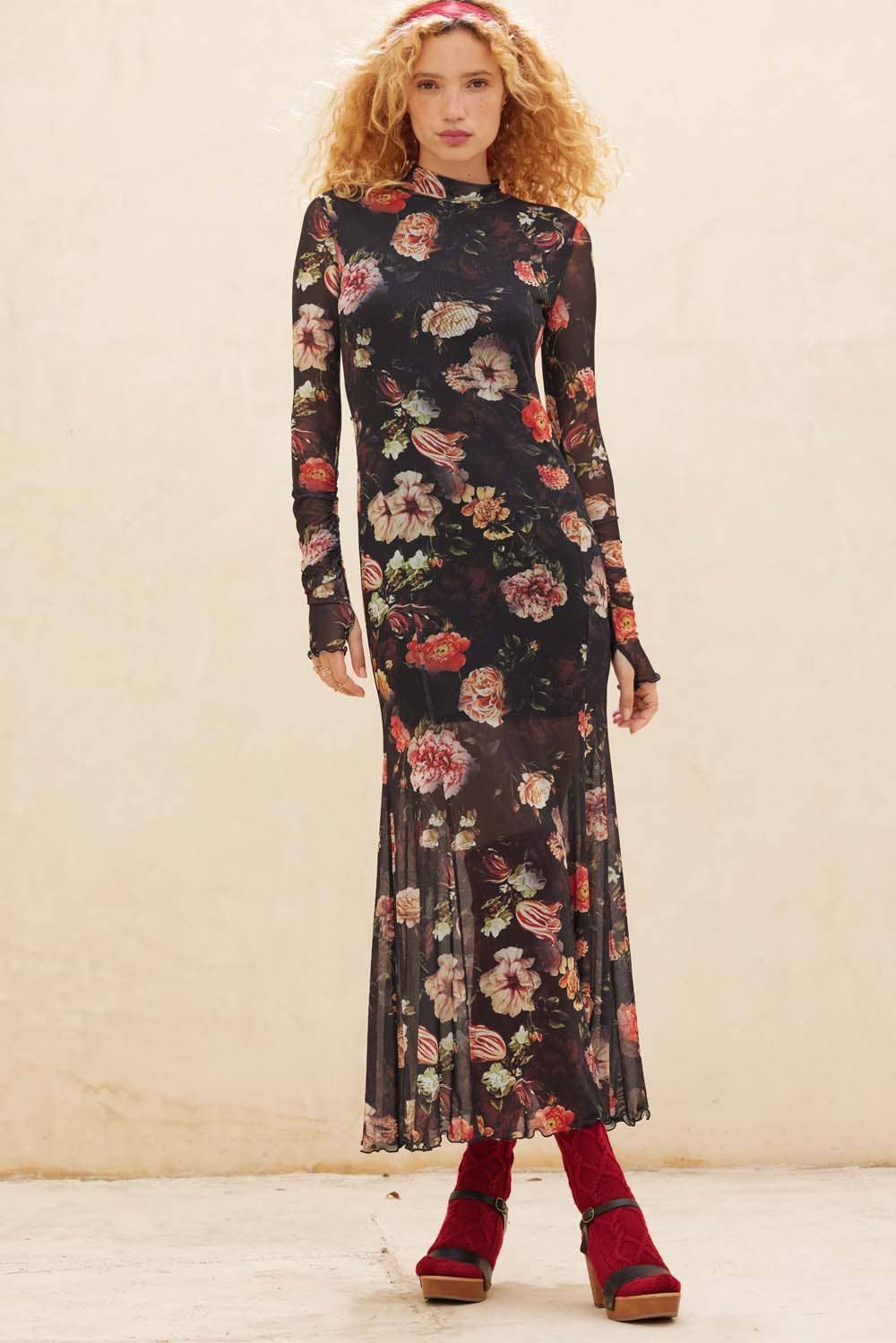 Floral Mesh Mock-Neck Maxi Dress