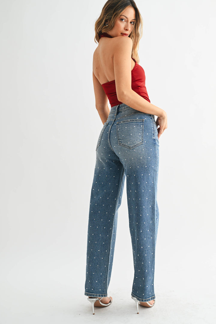 High Rise Rhinestone Vintage Straight Jeans