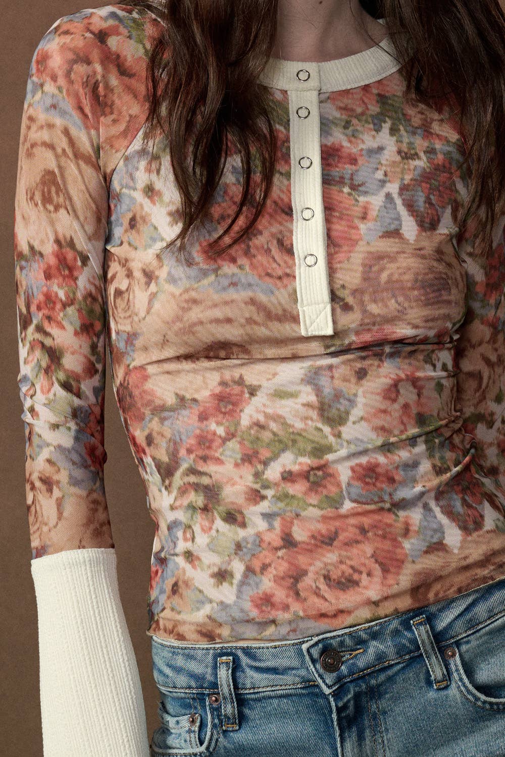 Floral Mesh Raglan Sleeve Henley
