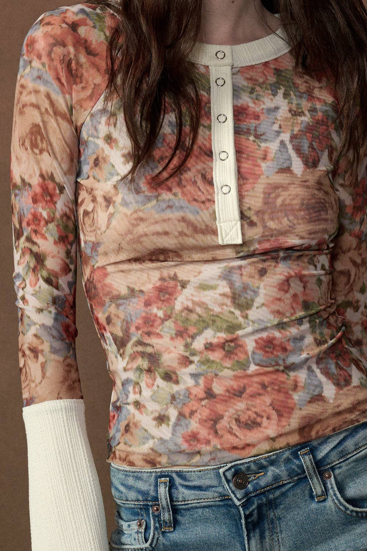 Floral Mesh Raglan Sleeve Henley