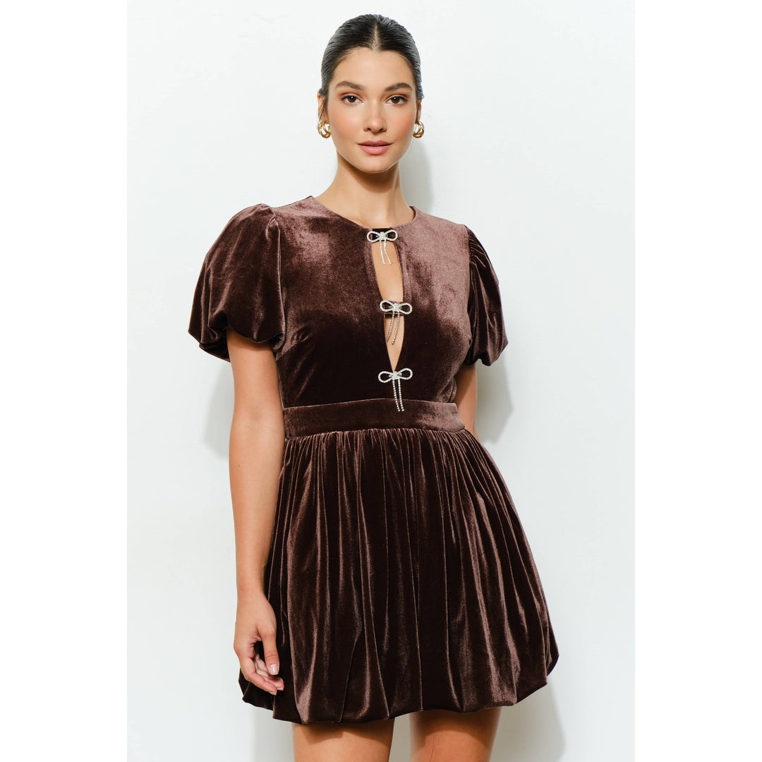 Velvet Bow Bubble Mini Dress Espresso / S Velvet Bow Bubble Mini Dress Espresso / S