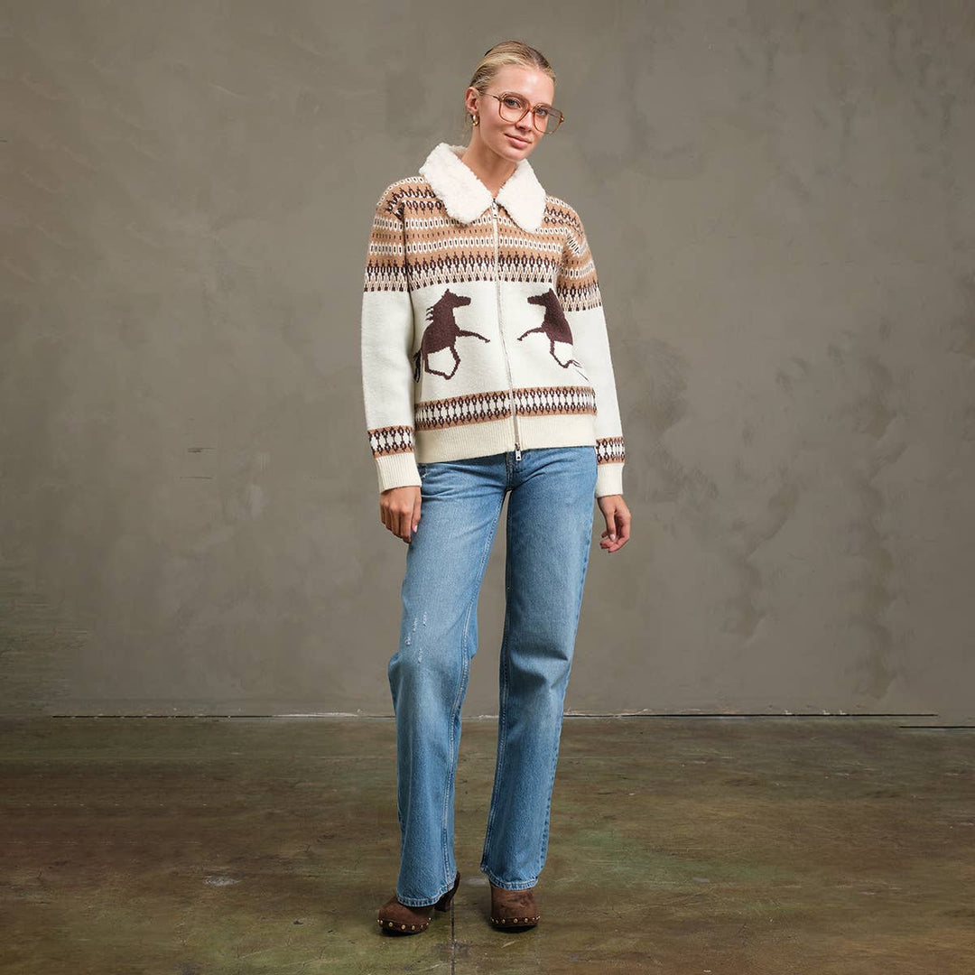Western Horse Knit Zip-Up Jacket