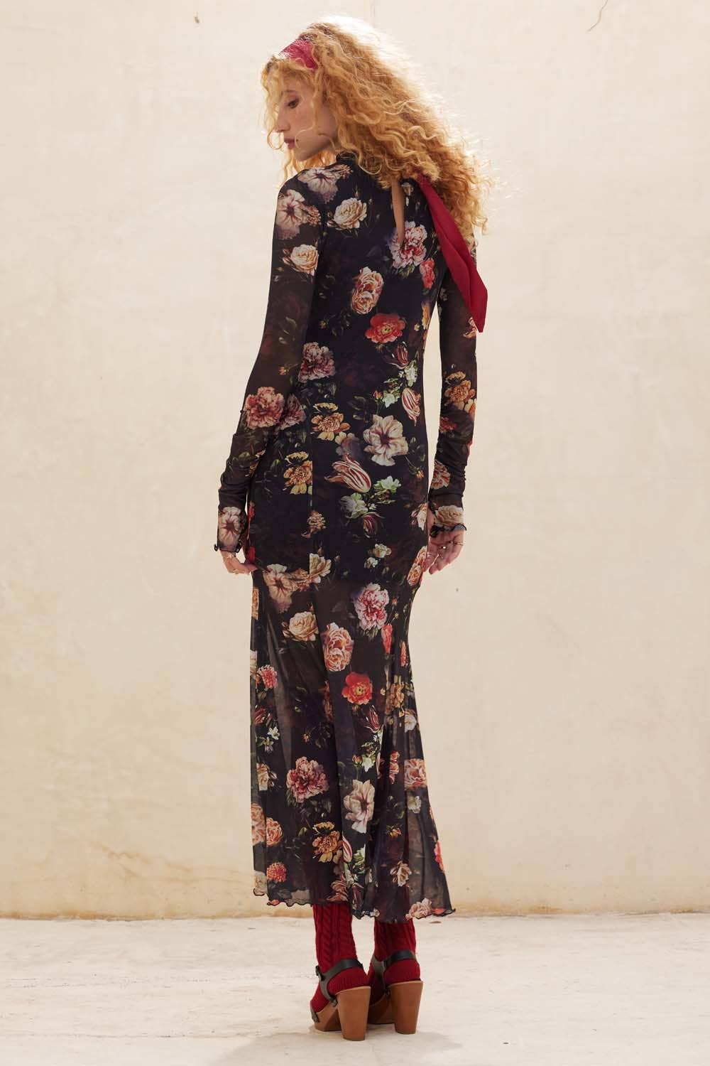 Floral Mesh Mock-Neck Maxi Dress