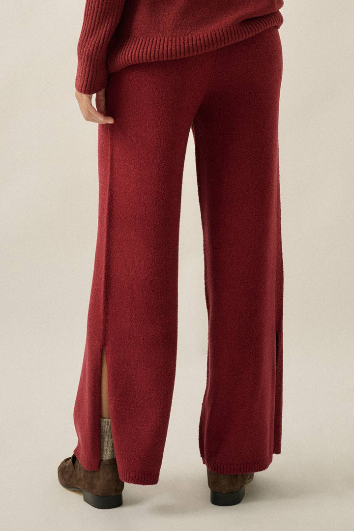 A person shown from the back wearing mulberry-red knit wide-leg pants with front slits, paired with brown shoes, against a plain light beige studio background.