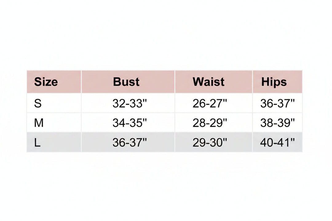 Size chart for clothing measurements with bust, waist, and hips dimensions.