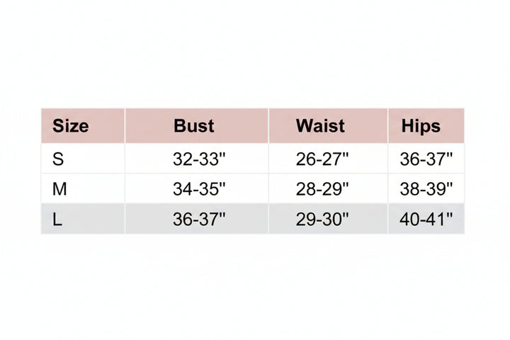 Size chart for clothing measurements with bust, waist, and hips dimensions.