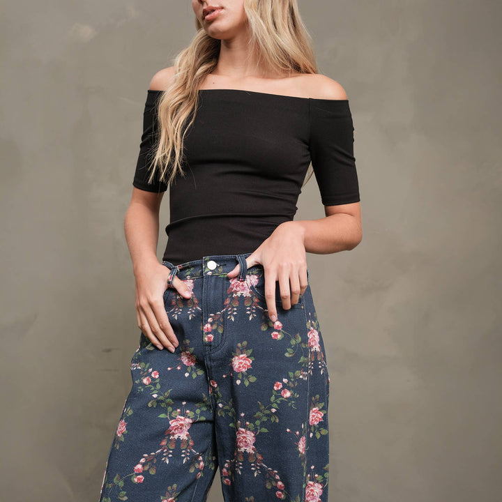 Floral Printed Barrel Leg Denim Pants