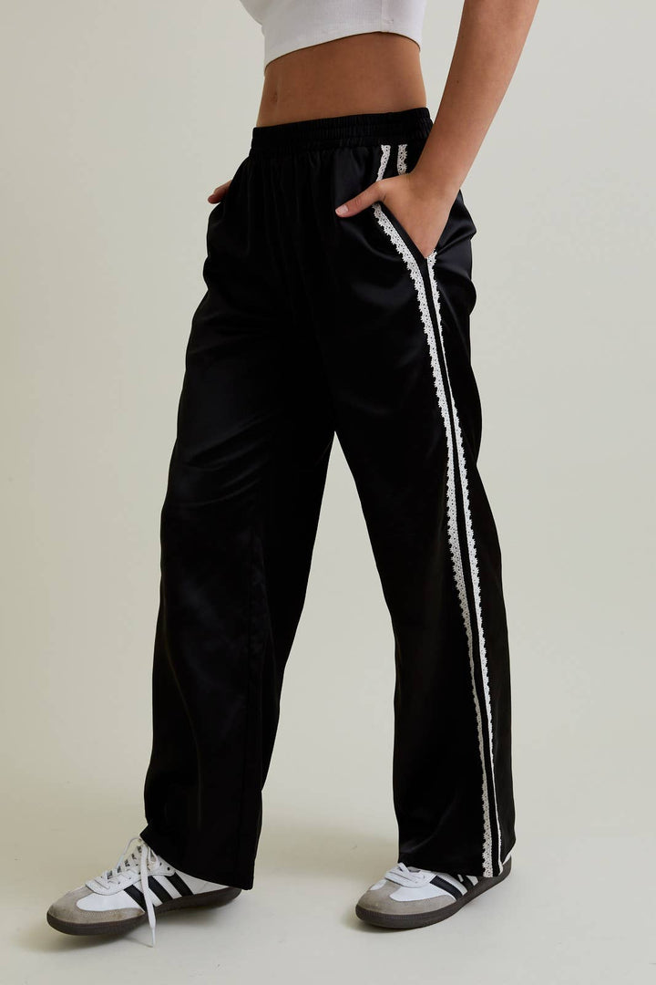 Satin Track Pants with Scalloped Detail